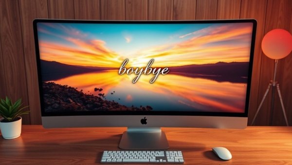 iMac with 'goodbye' on lake sunset screen, symbolizing downgrade from macOS 26 Tahoe.