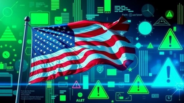 Digital collage with American flag and warning symbols, vibrant colors