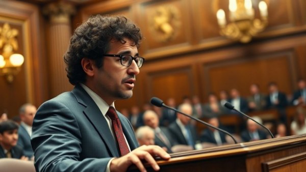 Confident speaker at podium in hearing about Trump banning Anthropic AI.