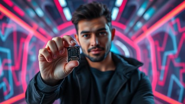 Confident individual holding chip on futuristic stage, Nvidia context.