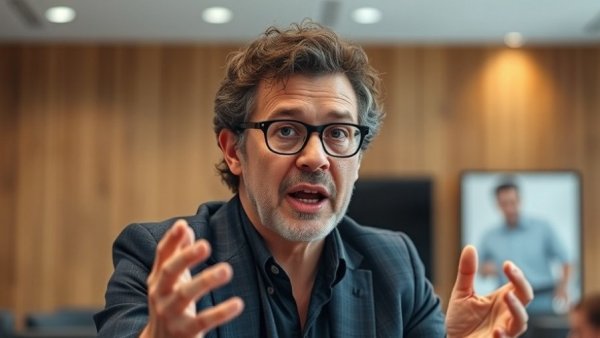 Middle-aged man discussing DOD supply-chain risk at conference.