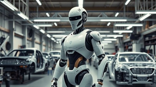 Advanced humanoid robot in automotive workshop with unfinished car.