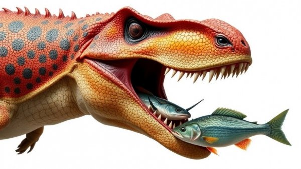 Detailed image of Spinosaurus mirabilis holding fish.
