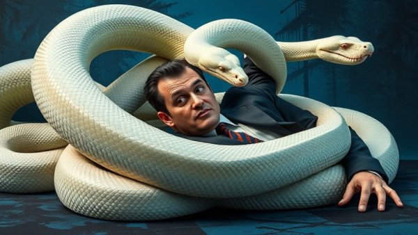 Surreal digital art of snake entangling businessman, AI disrupts venture capital theme.