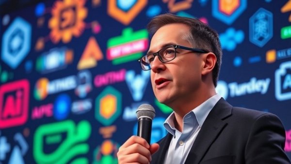 AI summit speaker discussing world models in AI with a vibrant background.