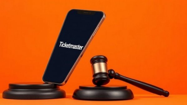 Judge's gavel next to Ticketmaster phone on orange, Live Nation Antitrust Case.