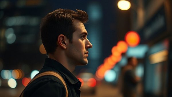 Profile of a male figure in dark coat under city lights.