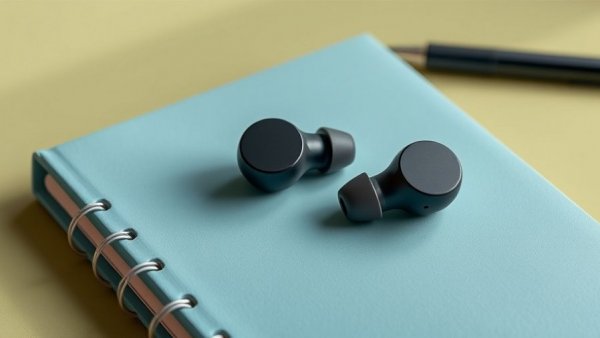 Sony WF-1000XM6 wireless earbuds on blue notebook, sale focus.