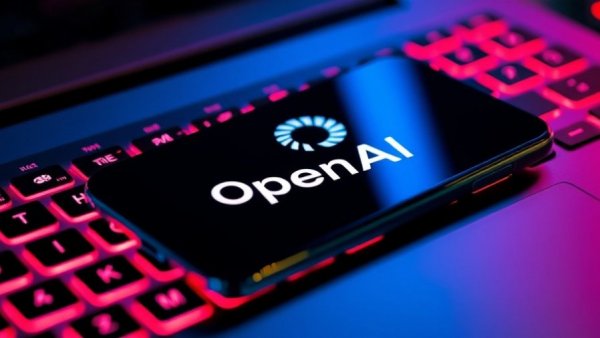 OpenAI logo on smartphone over red-lit keyboard.