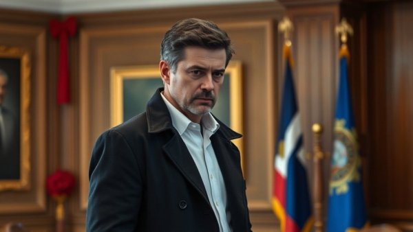 Man in black jacket with arms crossed in official room, pensive expression.