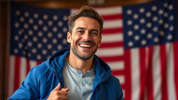 Smiling man presenting on stage with American flag backdrop for Terafab chip manufacturing.