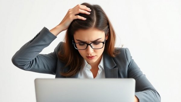 Mujer profesional estresada trabajando en laptop, agotamiento silencioso de los trabajadores.