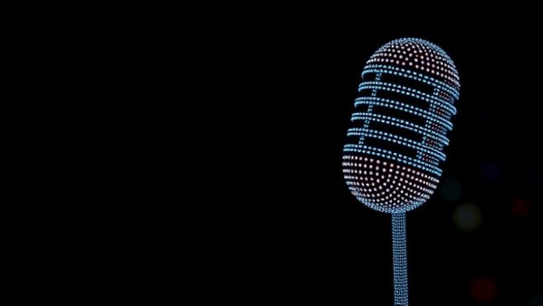 Google Gemini 3 AI technology with dotted microphone symbol on dark background.