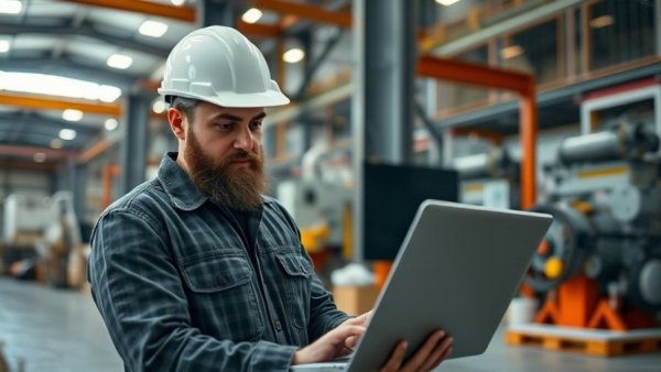 Bearded engineer in hard hat with laptop in modern factory, overseeing automated processes.