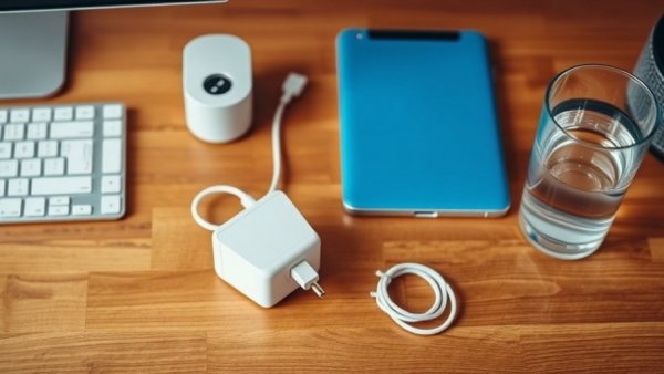 Neatly organized desk with devices including white speaker and power cables.