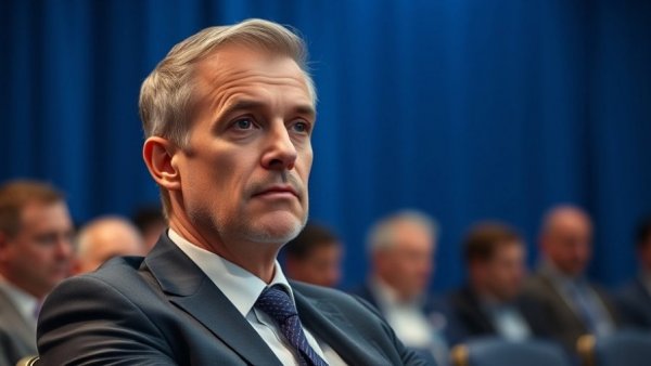 Elon Musk looking thoughtful at a conference, digital blue background.