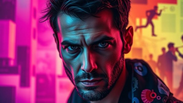 Abstract image of a man with intense expression against digital collage.