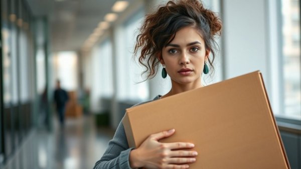 Young woman affected by layoffs, holding a box outdoors.