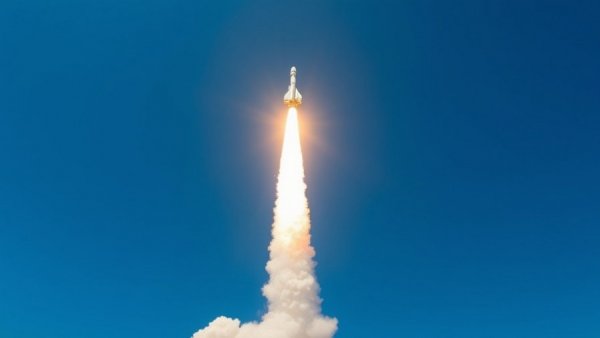 Artemis II Mission rocket launch creating a white trail in a blue sky.
