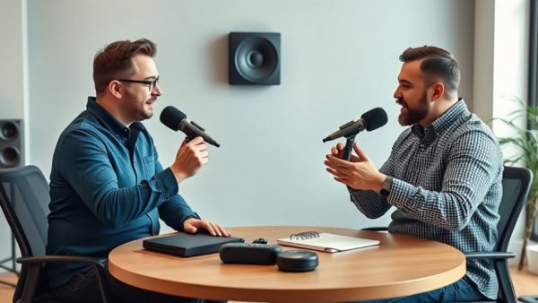 Two men in a lively podcast discussion in a modern studio.