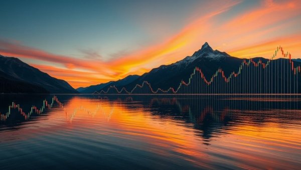 Vibrant financial graph overlay on serene lake at sunset.