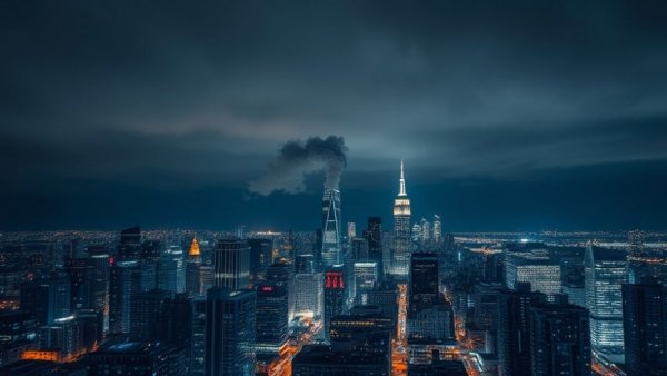 Dramatic night skyline with smoke over a city, illuminated buildings.