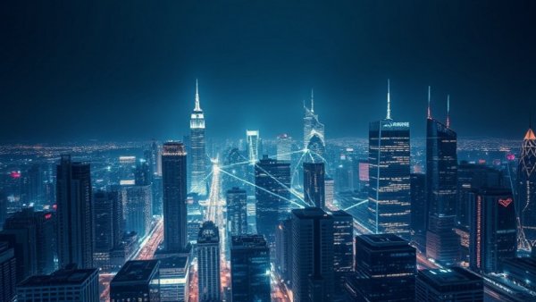 Night cityscape with data lines and IoT digital waves