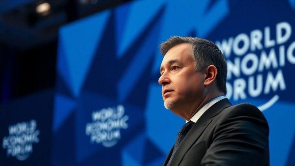 Contemplative man in black suit at World Economic Forum.