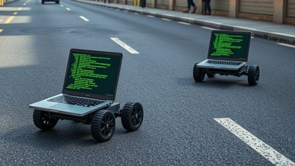 Laptops on wheels displaying code, symbolizing AI coding tools.