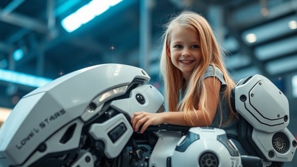 Young girl on futuristic robot, sci-fi city scene.