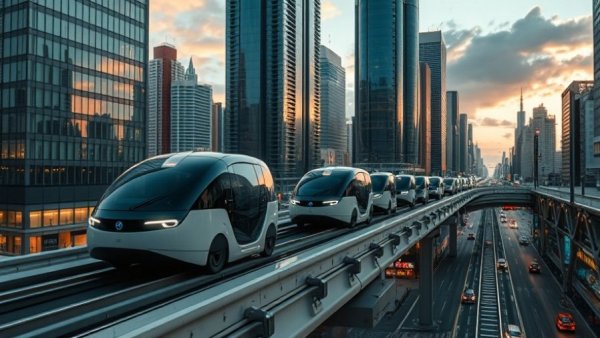 Futuristic robocars in a city landscape for Glydways funding.