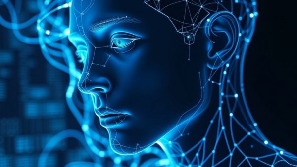 Digital wireframe face with coding and AI integration.