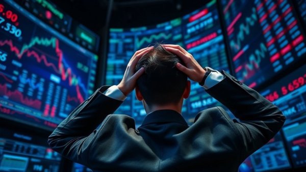 Frustrated businessman in a digital trading room observing stock data.