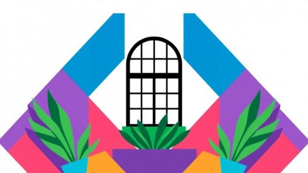 Abstract window design with geometric shapes in vibrant colors.