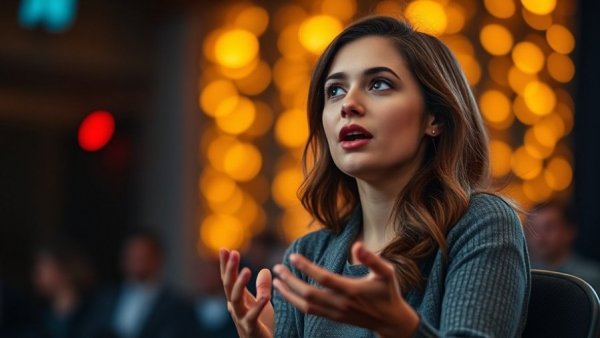 Engaged woman speaking on stage with warm glowing bokeh lights in background.