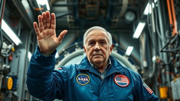 Elderly man in NASA jacket raises hand at machinery, related to Artemis II distance record.