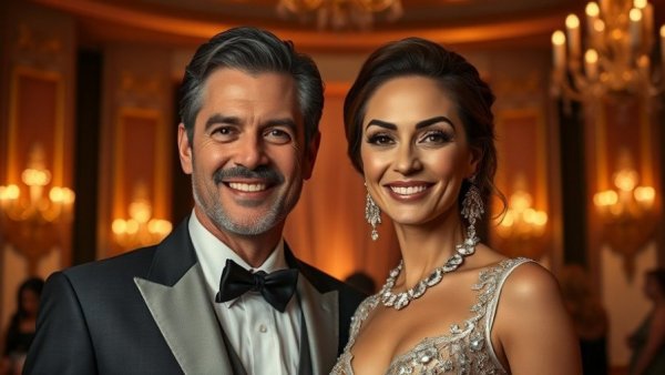 Dignified couple posing at glamorous event, luxurious setting.