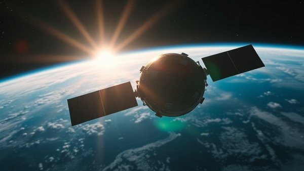 Satellite capturing solar power at night beamed from space.