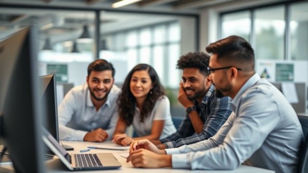 Diverse team discussing AI transformation project in modern office.