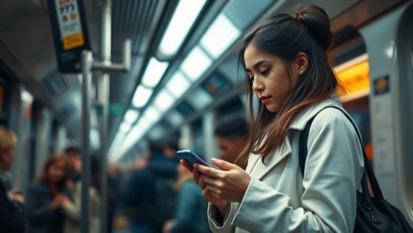Young woman checks smartphone amid Russia internet restrictions in subway.