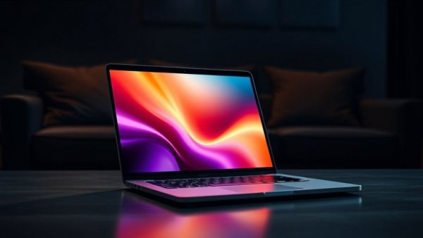 Sleek modern laptop with vibrant display in dark room setting