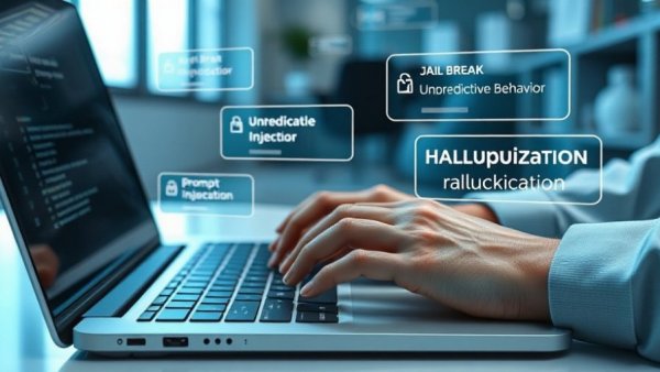 Digital warnings above hands typing on laptop, depicting AI cybersecurity threats.