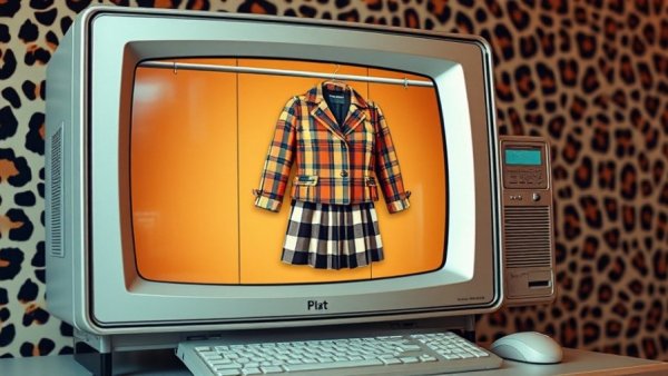 Retro digital wardrobe screen with plaid outfit, AI Wardrobe feature.