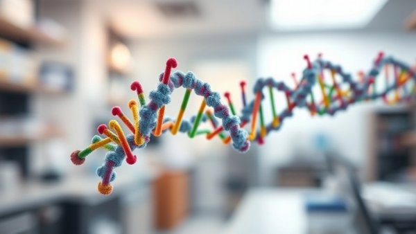 3D molecular depiction of genetic code reduction, multicolored strands.