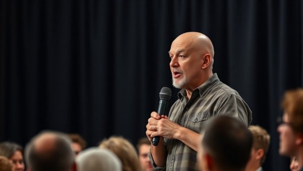 Man speaking with a microphone in front of an audience.