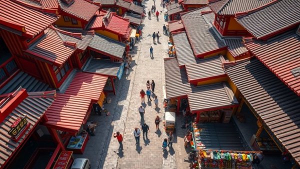 Traditional Asian-style marketplace with red and yellow structures.