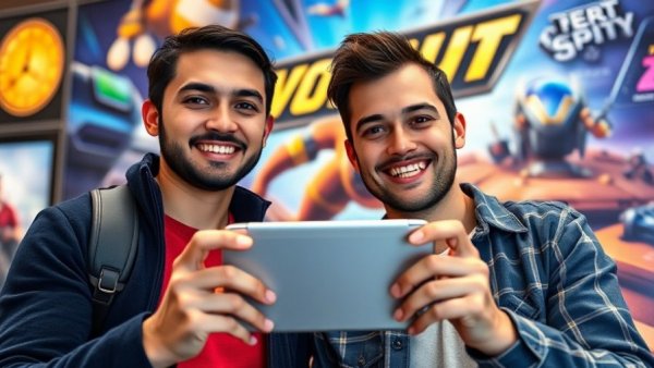 Two individuals with a gaming device in front of a game poster.