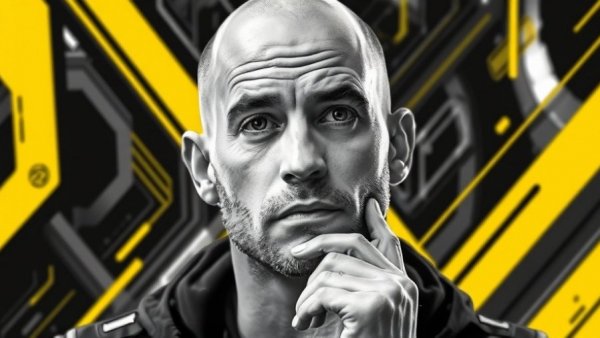 Bald man thoughtfully posing with modern abstract design.