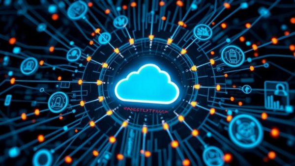 Futuristic cloud symbol in a digital network visualization.
