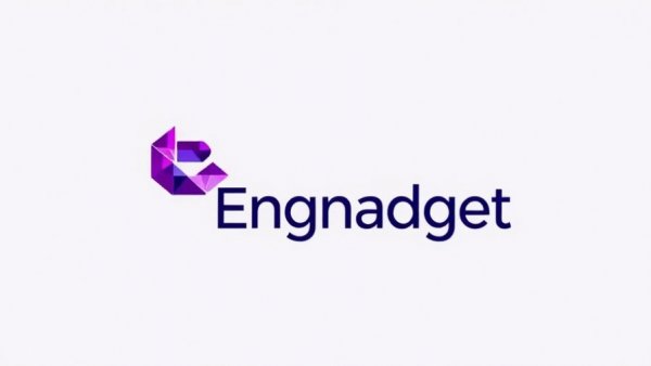 Abstract Engadget logo with geometric purple mosaic.